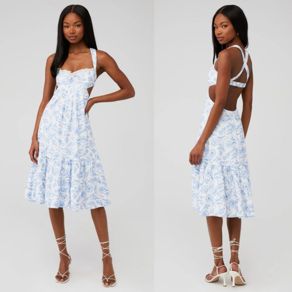 For Love And Lemons Dresses & Skirts - For Love & Lemons Maisie Midi Dress White Blue Floral Embroidered Linen XS NWT
